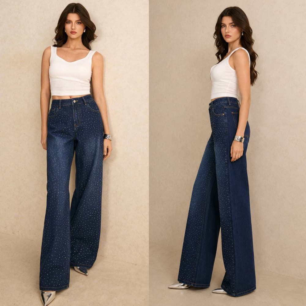Calça Jeans Wide Leg Com Strass na Frente, Cintura Alta - Modelo Explosão só Frente