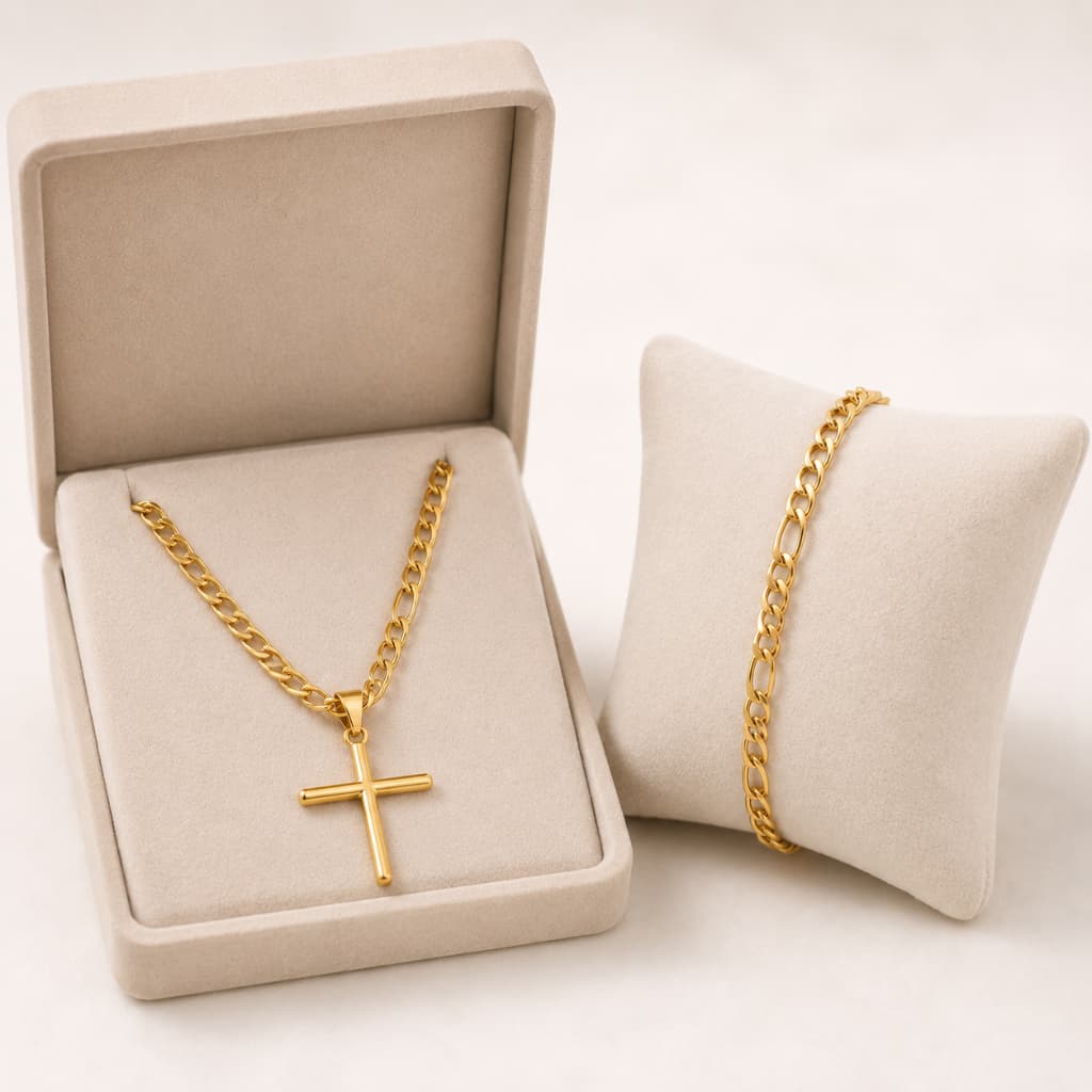 Kit Corrente Cordão Colar Fino Pulseira Cruz Masculina Crucifixo Lisa Aço Inoxidável 8mm