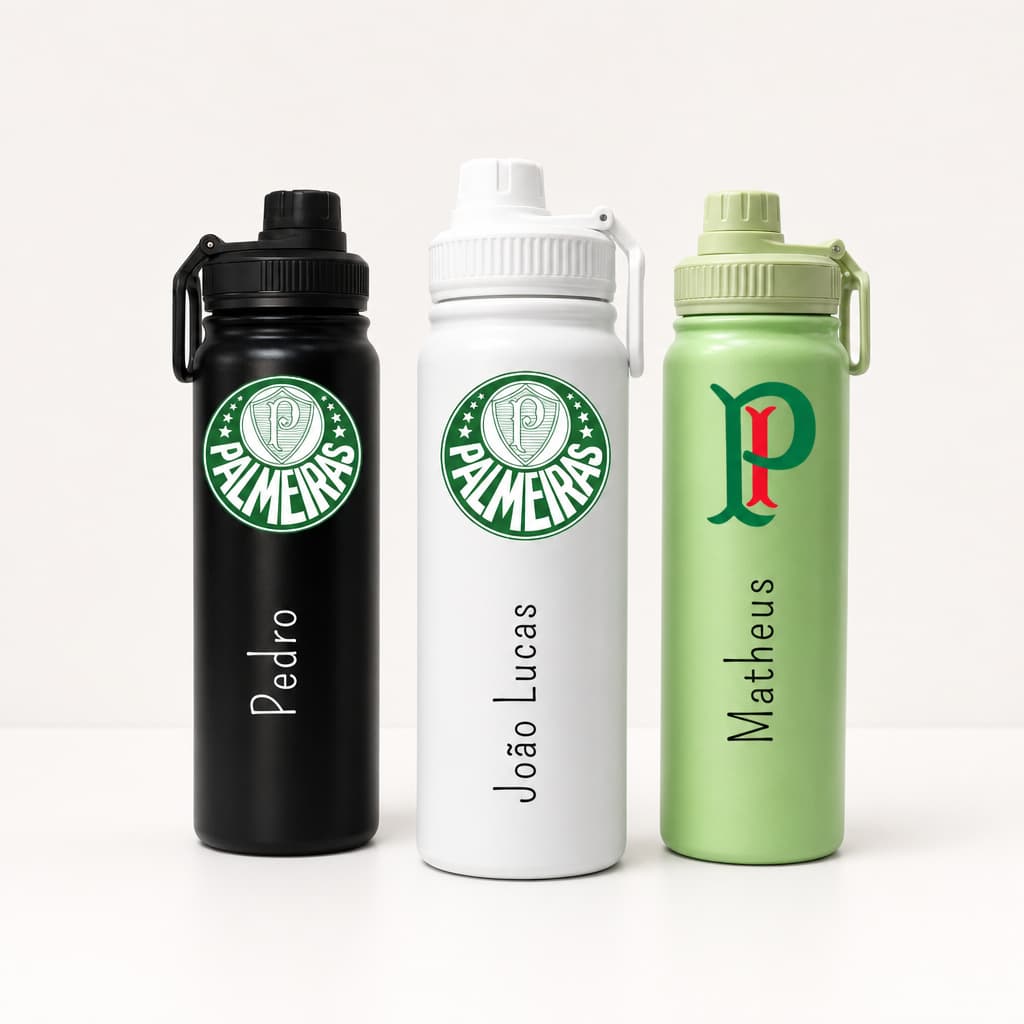 Garrafa Térmica Inox 800ml Personalizada Palmeiras – Nome + Escudo | Presente Dia dos Pais - Torcedor