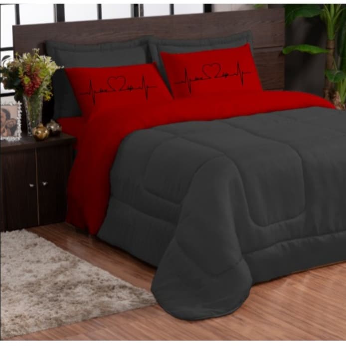 Edredom Queen Dupla Face 3 Peças Estampa Vida Vermelho E Preto