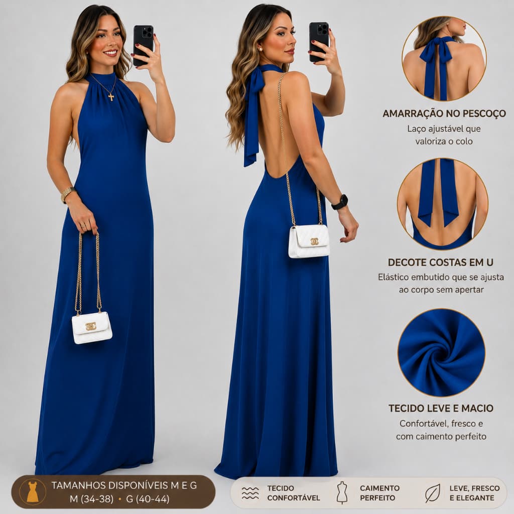 Vestido longo feminino com costas nuas, decote halter e gola alta, elegante, para festas, formaturas e madrinhas