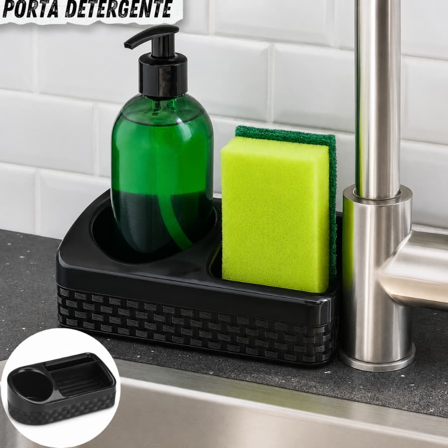 Porta Detergente Com Base Esponja e Sabão Rattan  preto Com destaque Para Higienização