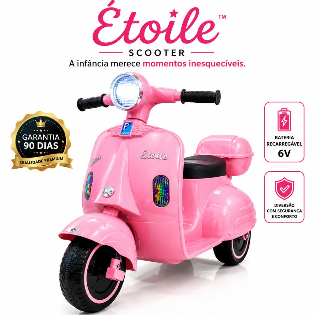 Moto Elétrica Infantil Scooter Rosa 6V Recarregável Retrô Com Farol LED Até 30kg | Étoile Scooter™