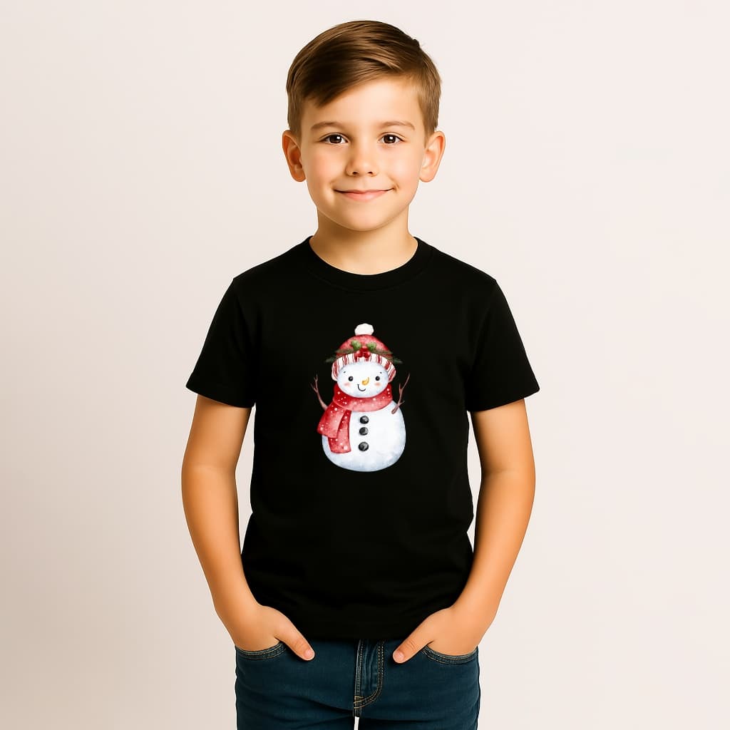 CAMISETA INFANTIL MENINO ALGODÃO BONECO NEVE GORRO VERMELHO CACHECOL KAWAII