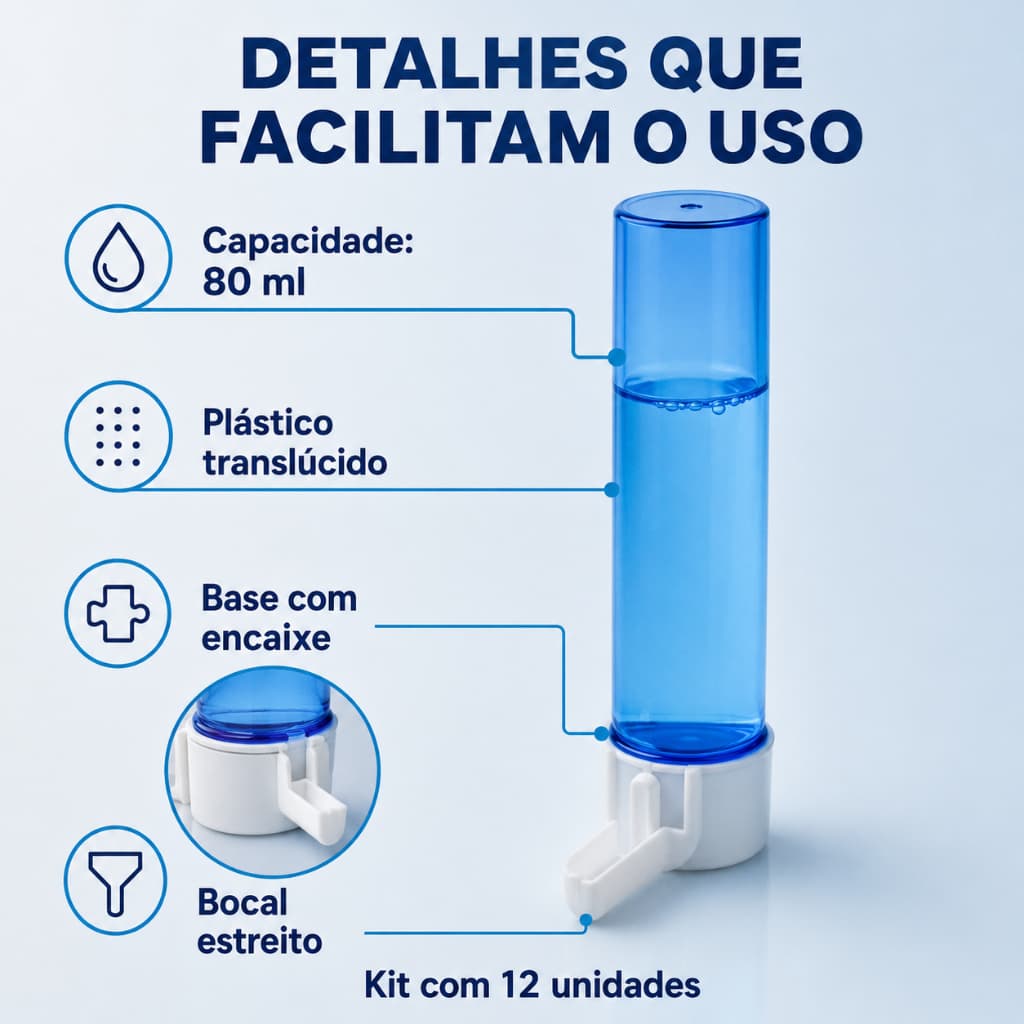 Kit 12 Bebedouros Automáticos 80ml para Aves Pássaros de Gaiola Azul Translúcido
