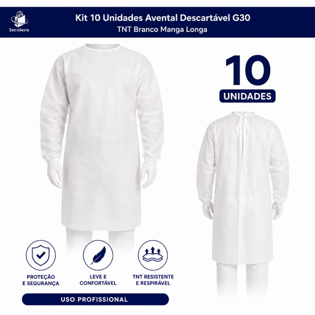Aventais Descartáveis G30 TNT Branco Manga Longa - Kit 10 Unidades