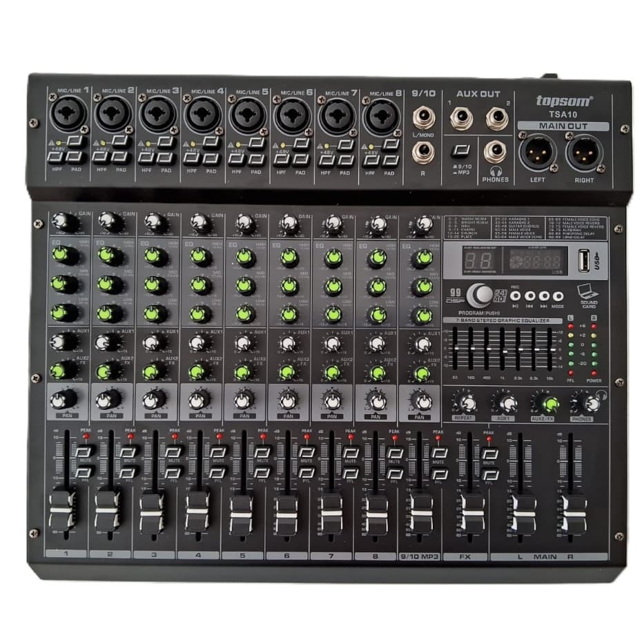 MESA DE SOM 10 CANAIS 2 AUXILIARES 99 EFEITOS BOTÃO MUTE TOPSOM TSA-10