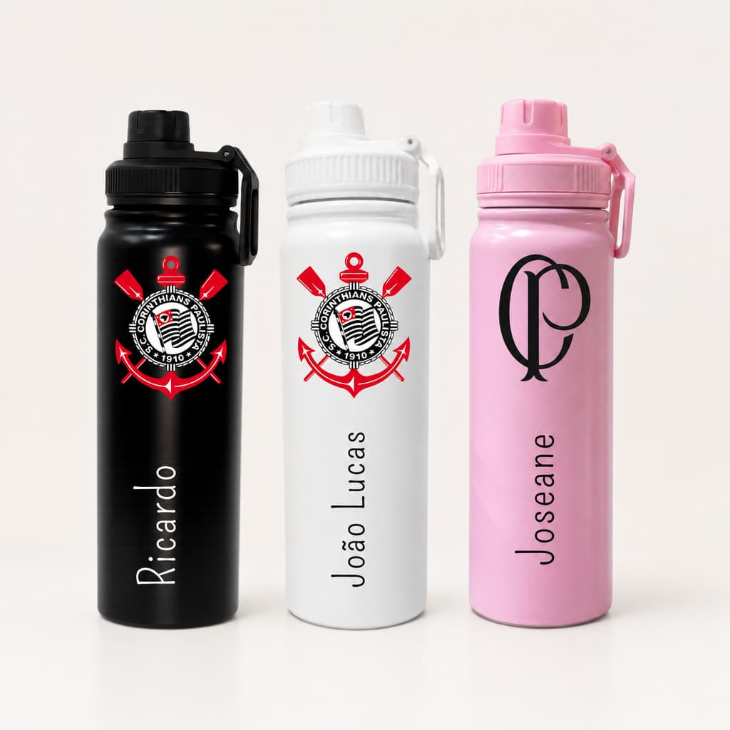 Garrafa Térmica Inox 800ml Personalizada Corinthians – Nome + Escudo | Presente Dia dos Pais - Torcedor