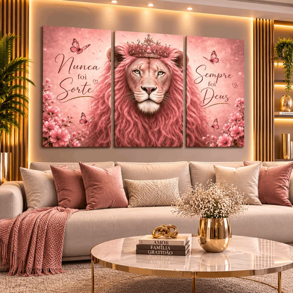 Kit 3 Quadros Decorativos Leão Rosa Nunca Foi Sorte Sempre Foi Deus Sala Quarto MDF Luxo