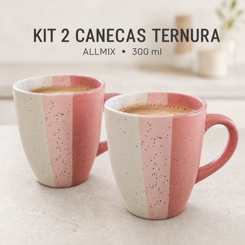 Kit 2 Canecas de Cerâmica Allmix Ternura Rosa 300 ml para Café e Chá