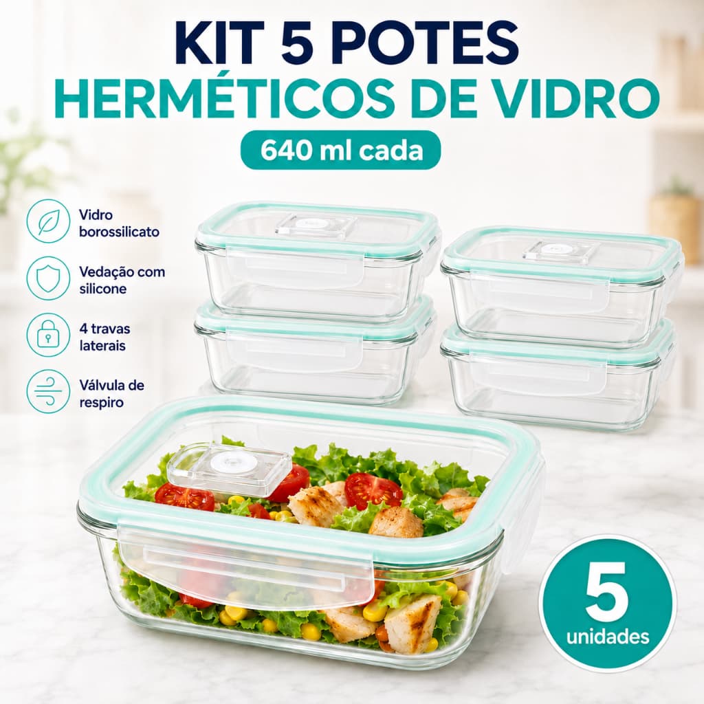 Kit 5 Potes de Vidro Hermético 640ml 4 Travas Válvula de Respiro Marmita Forno Fitness Vedação Top!!