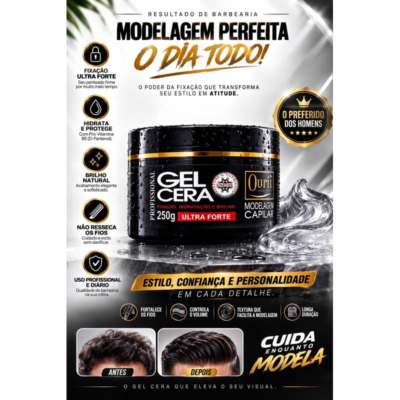Gel Cera Modelador Capilar Ultra Forte 250g Ouril Profissional – Fixação, Hidratação e Brilho