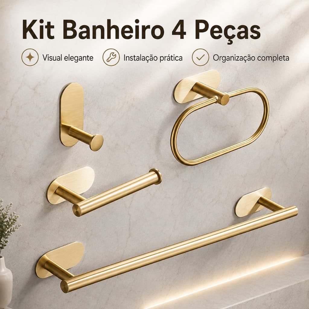 Kit 4 Peças Acessórios para Banheiro Adesivo Sem Furação Toalheiro e Gancho em Aço Inox