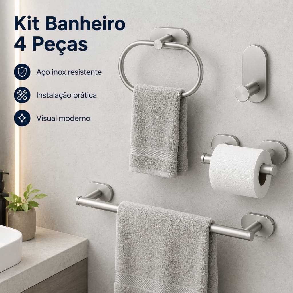 Kit 4 Peças Acessórios para Banheiro Adesivo Sem Furação Aço Inox Toalheiro e Gancho