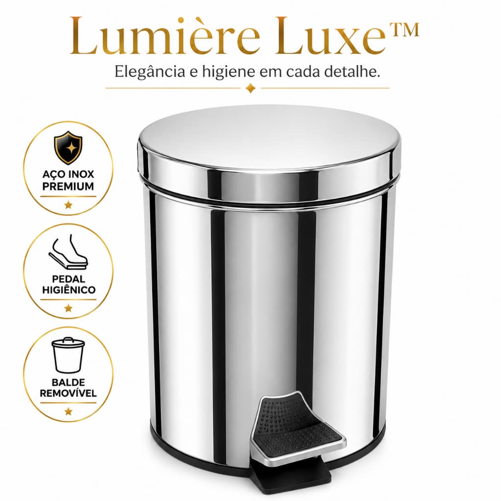 Lixeira Inox 3 Litros com Pedal Balde Removível Tampa para Banheiro Lavabo Escritório