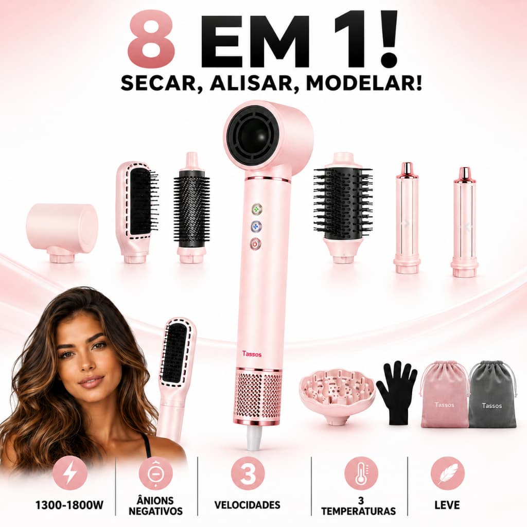 TASSOS Escova Secadora 8 em 1 Profissional Iônica Secador de Cabelo Alisador Modelador para Cabelos Lisos e Ondulados