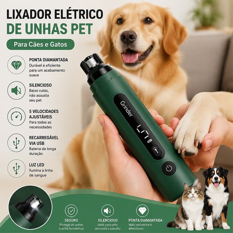 Lixador de Unha Pet Elétrico para Cachorro e Gato com LED, 5 Modos, Cortador de Unha Recarregável USB Tipo-C