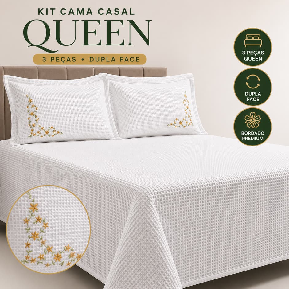 Kit Cobre Leito Casal 3 Peças Dupla Face Bordado Premium com Porta Travesseiros Decorativo Luxo