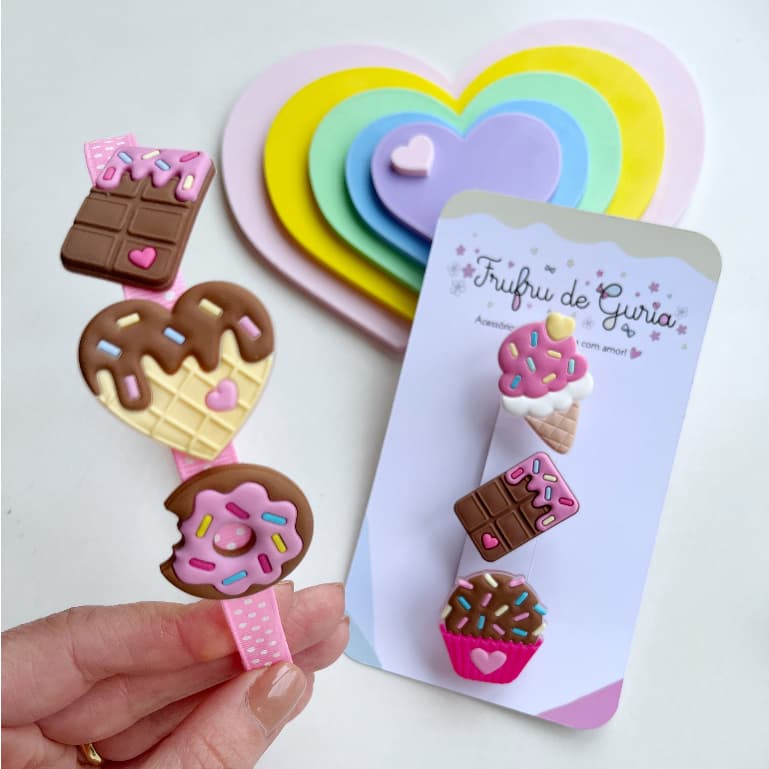 Tiara Doces/Arco de cabelo infantil Doces/Trio de Xuxinhas Doces/Elástico de cabelo infantil