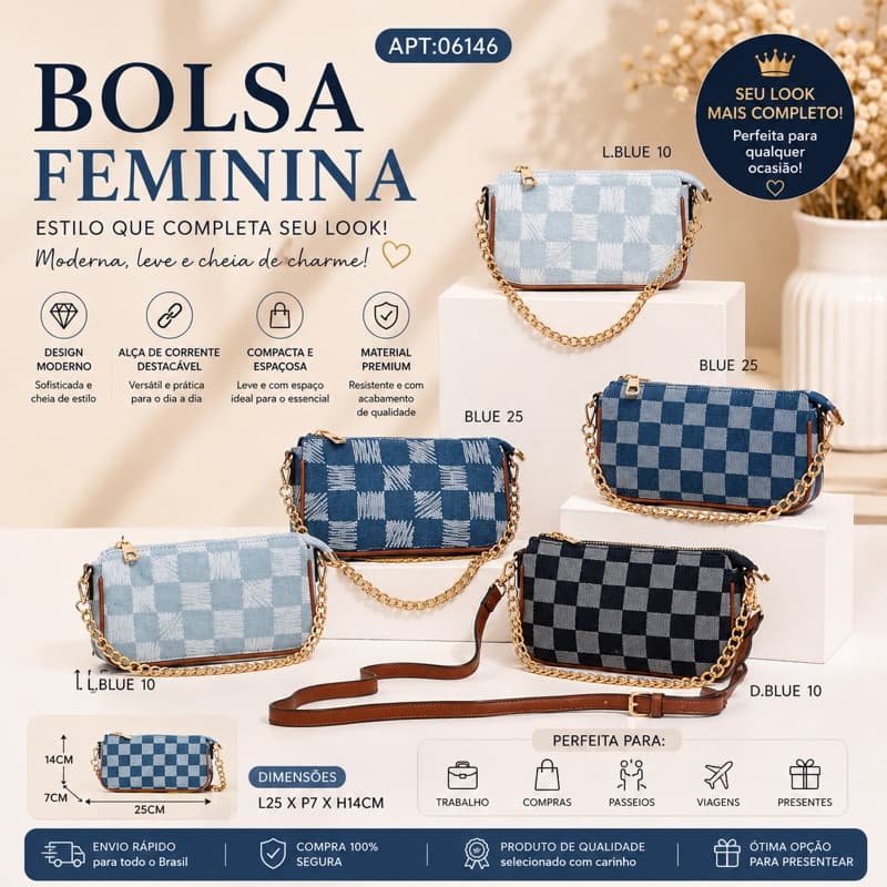 bolsa jeans  Xadrez com Corrente Dourada | Bolsa de Ombro e Transversal 06146