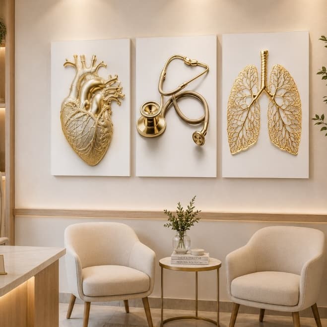 Kit 3 Quadros Decorativos Medicina Dourado – Coração, Estetoscópio e Pulmões para Clínica e Consultório
