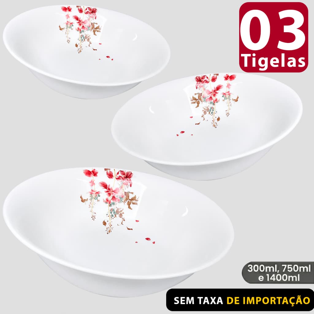 Kit Jogo de 3 tigelas Travessas redonda em Vidro Temperado opaline kit tigela Branca