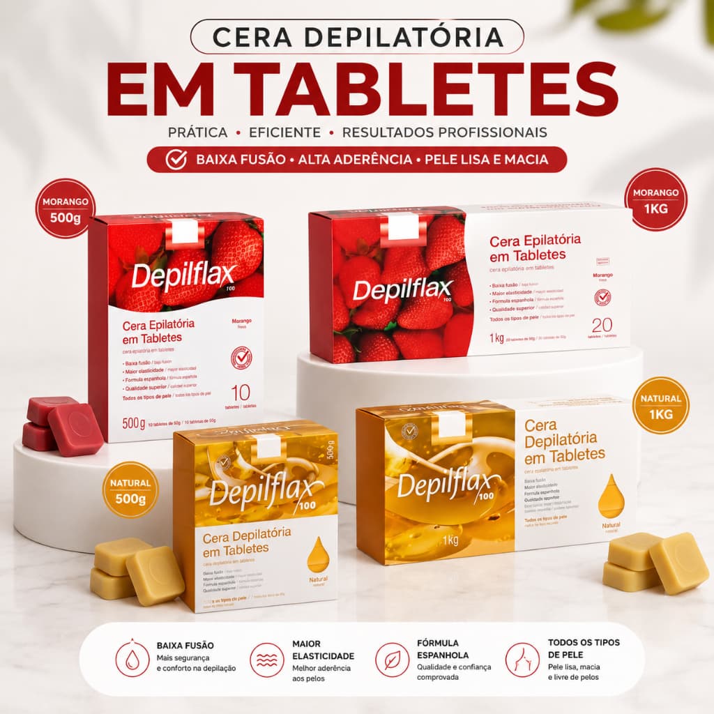 Depilflax Cera Depilatória em Tabletes Baixa Fusão | Natural ou Morango 1kg ou 500g