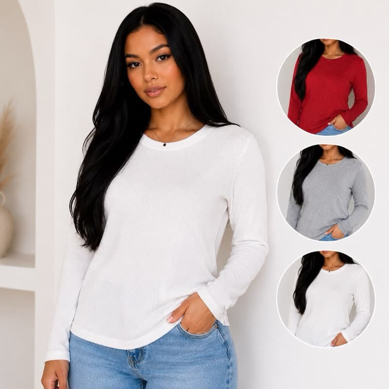 Blusa Feminina Manga Longa Canelada Básica Casual Gola Redonda Tamanho Único Confortável