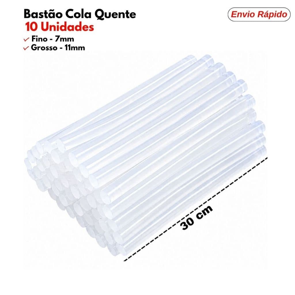Kit 10 Bastao de Cola Quente Transparente 30cm Grosso 11mm ou Fino 7mm Refil para Pistola Artesanato