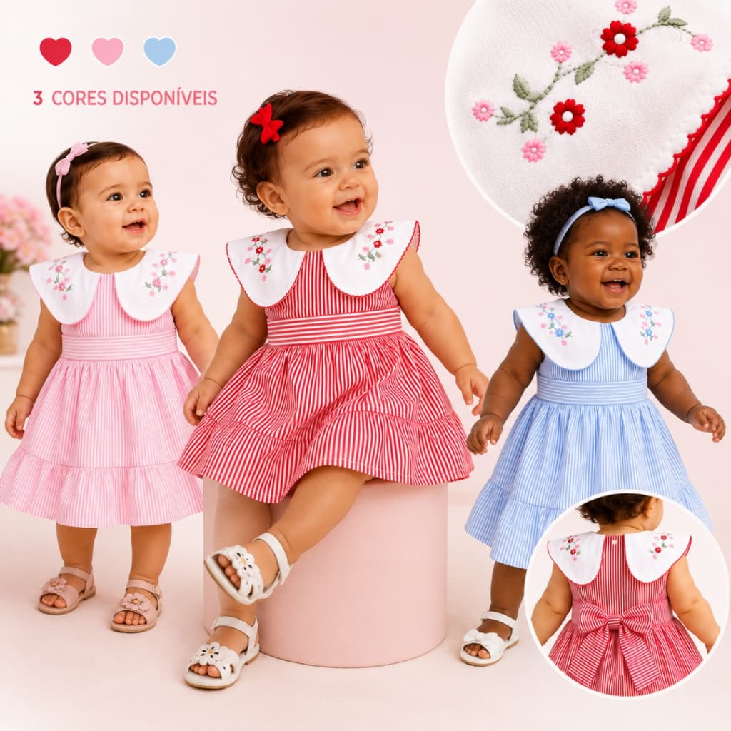 Vestido Feminino Infantil Com Gola Bordada Vestido Kids com Babado 100% Algodão Vestido Listrado Baby