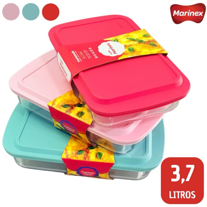 Travessa Marinex Assadeira Refratário Vidro Retangular com Tampa 3,7L Rosa Vermelha Verde Água Forno Geladeira Cozinha