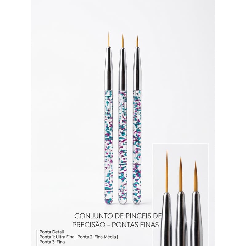 Kit 3 Pincéis Para Unhas Nail Art Traço Fino Liner Precisão Profissional Gel Decoração Francesinha Cabo Com Glitter