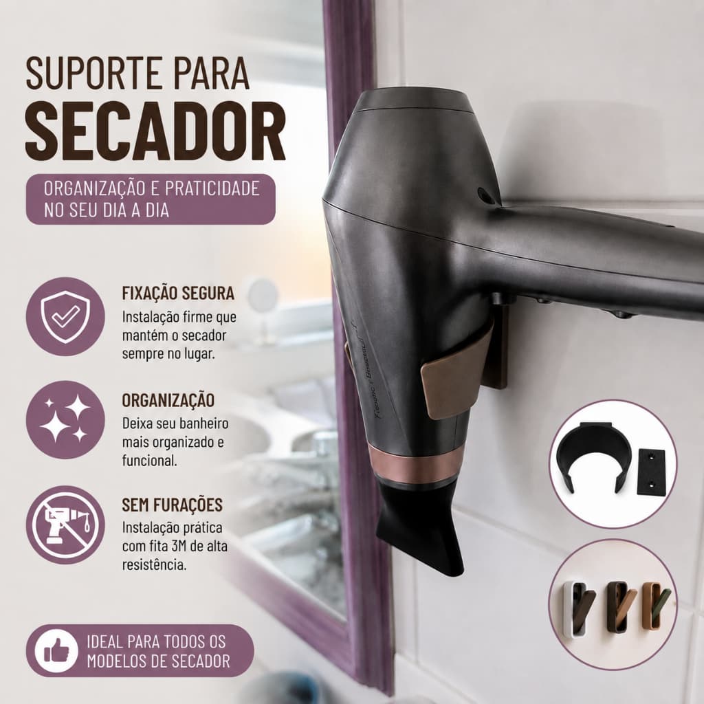 Kit de Suporte de parede para secador de cabelo, organizador universal para banheiro e salão de beleza