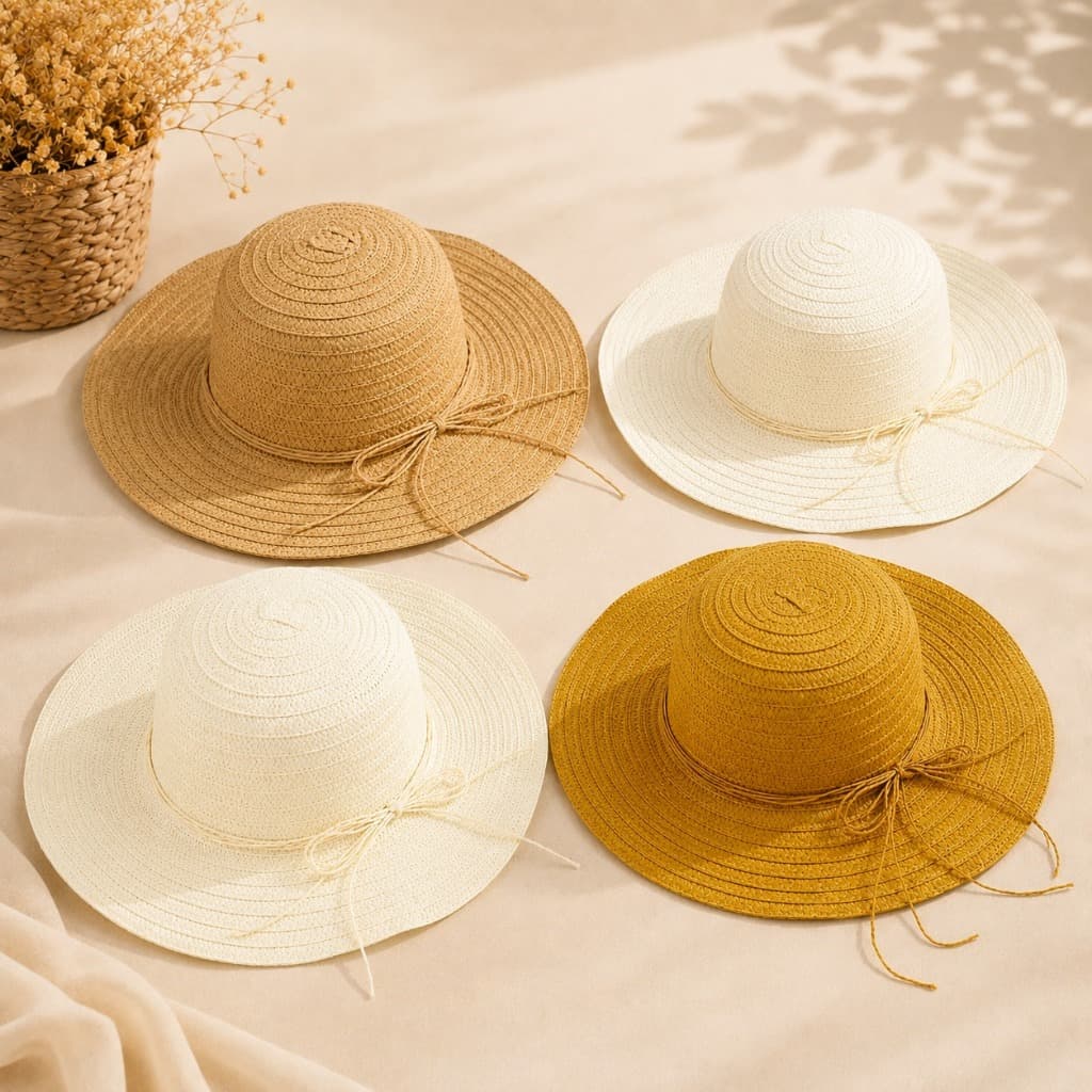 Chapéu De Praia Feminino Aba Larga Com Cordão Color