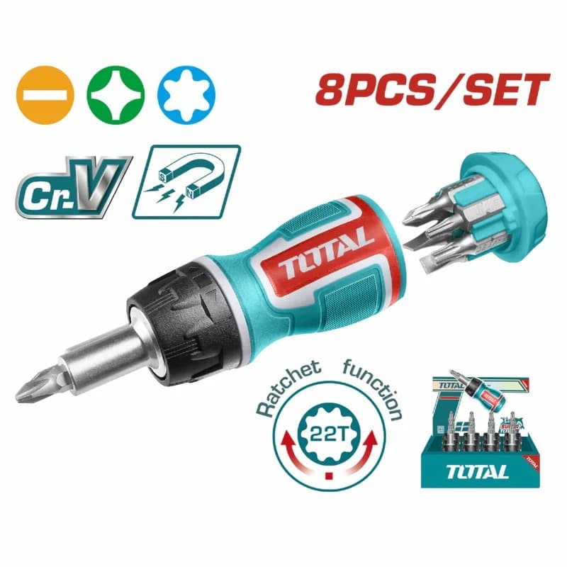 CHAVE BITS CATRACA REVERSÍVEL 8 em 1 (1/4"x100mm) - TOTAL TOOLS