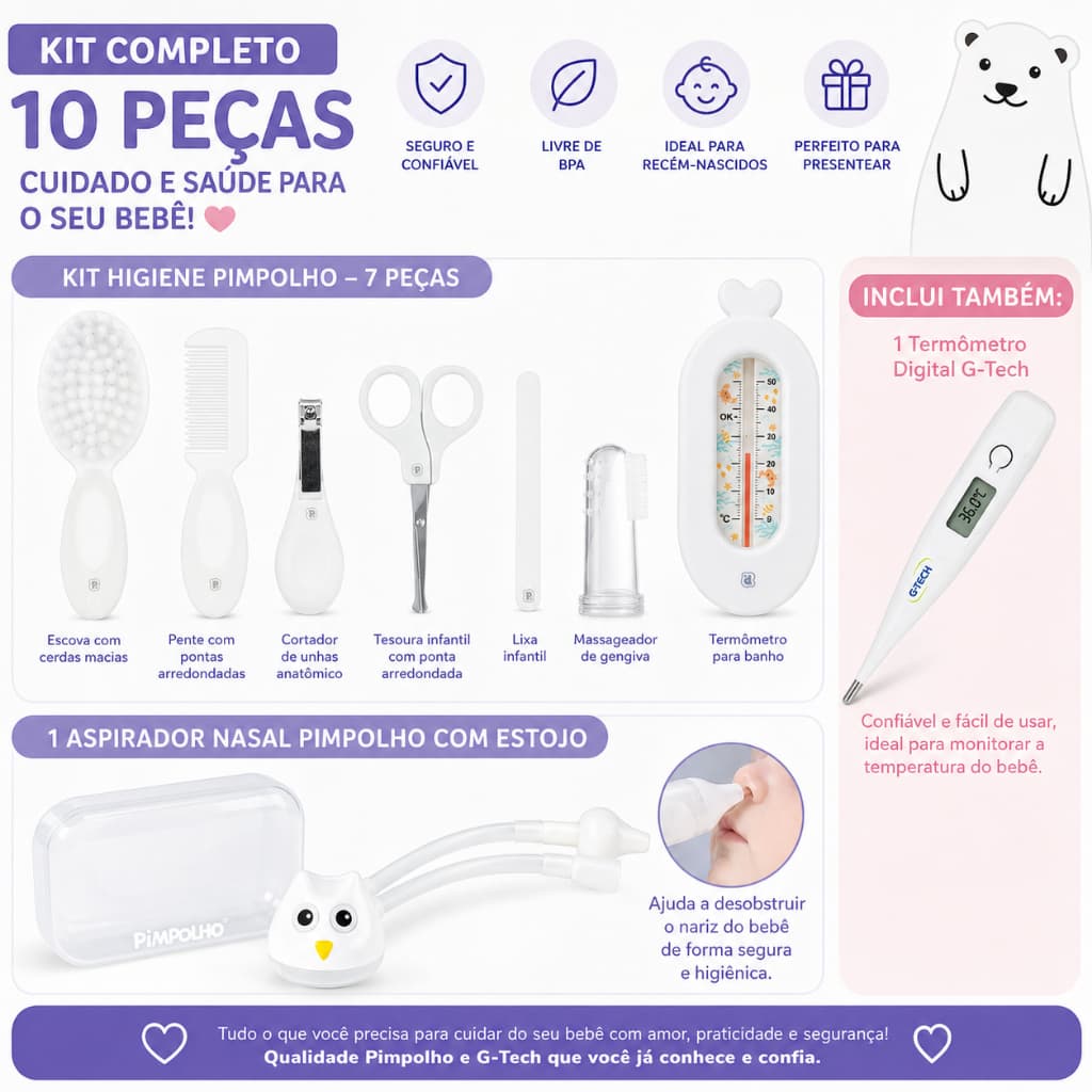 Kit 10 Peças Bebê Pimpolho + Termômetro G-Tech – Higiene e Bem-Estar Infantil