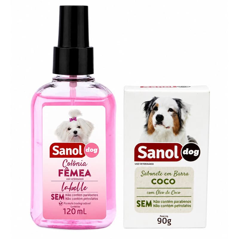 Kit Colônia Fêmea Labelle 120ml + Sabonete Coco 90g Sanol Dog Higiene Pet