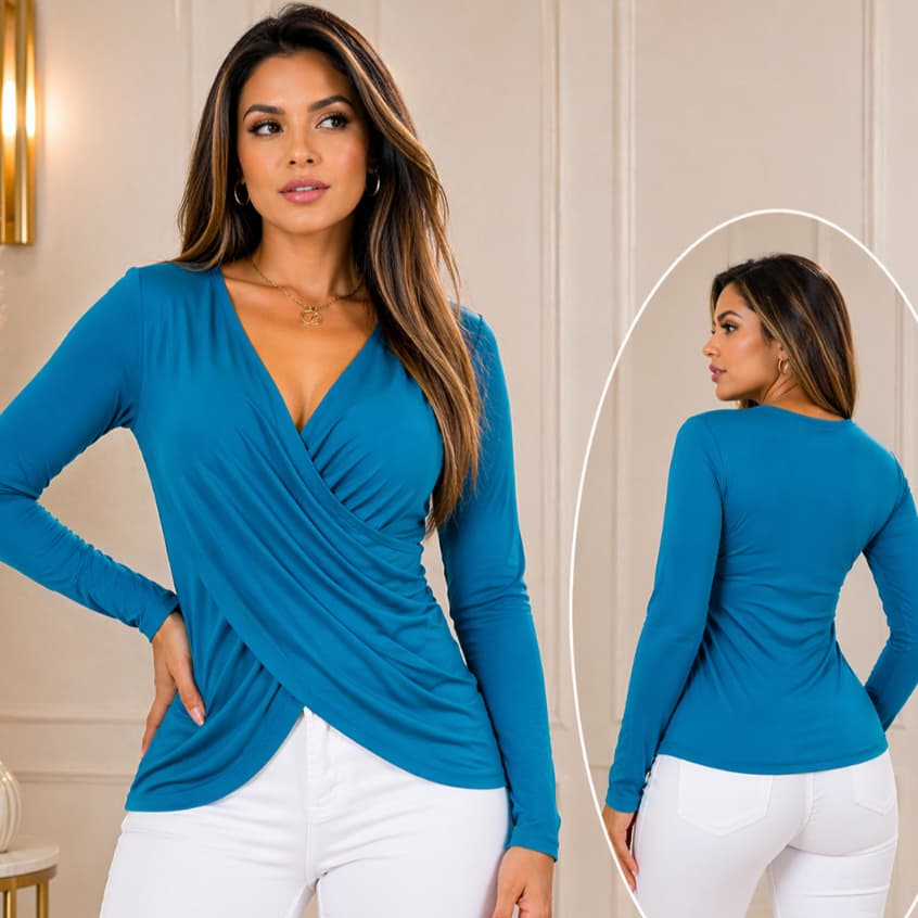Blusa Transpassada Feminina Manga Longa Decote V Cruzada  Moda Blogueira Tendência Confortável