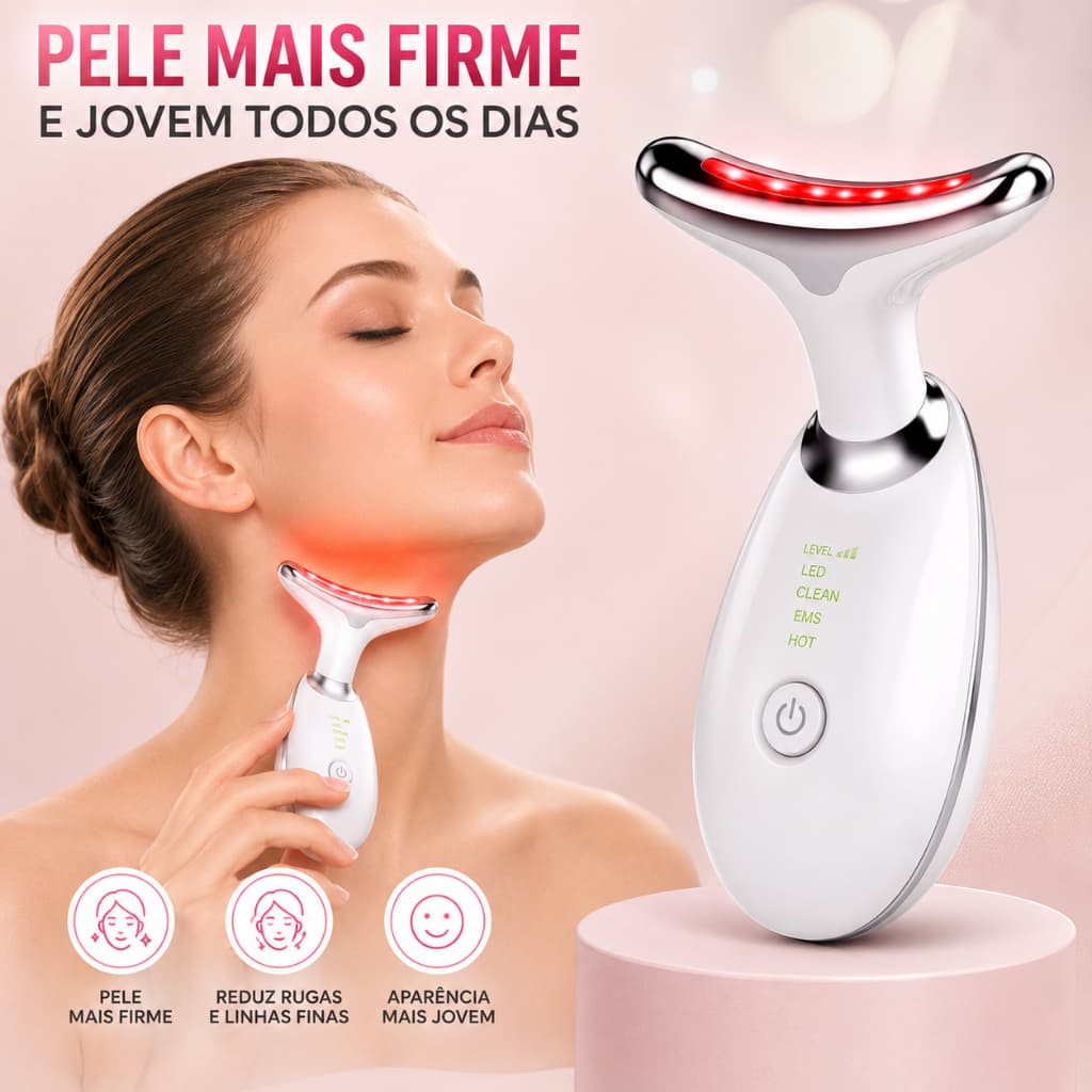 Massageador Facial LED EMS USB para Rosto e Pescoço com Vibração