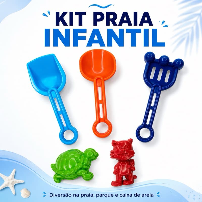 Kit Praia Infantil com 2 Pás, Rastelo e 2 Forminhas de Areia R-8