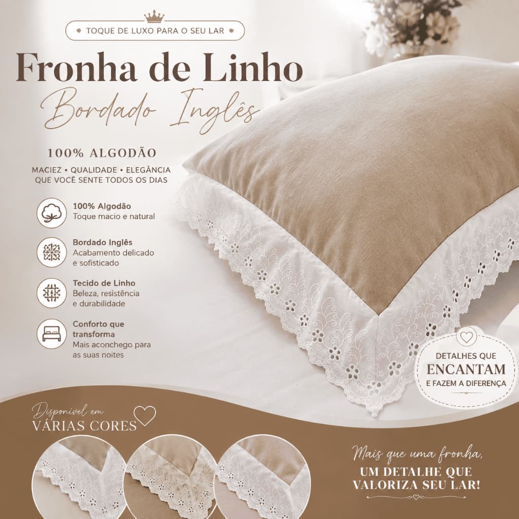 Kit 2 Fronhas 50x70 Linho Luxo com Bordado Inglês 100% Algodão | Macias e Elegantes