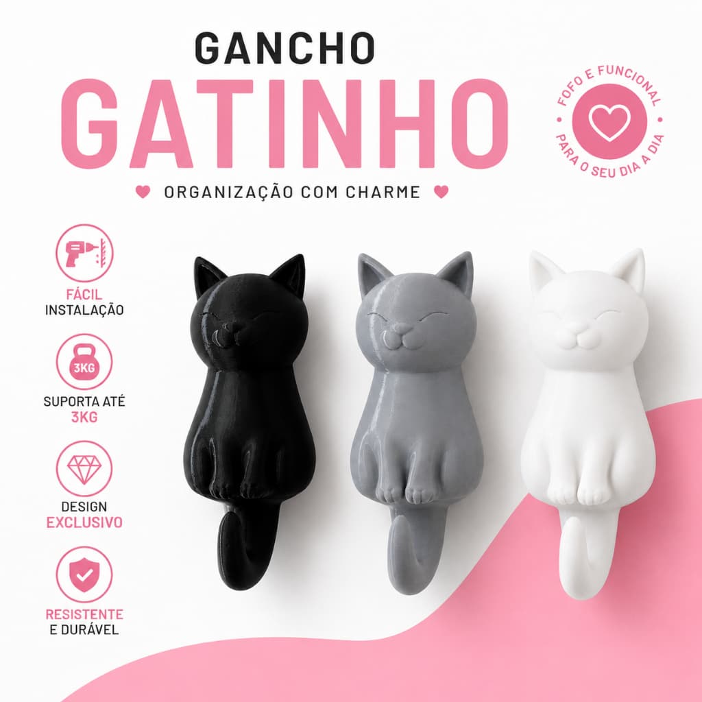 Gancho Gatinho Parede Decorativo Sem Furar Gato Chaves Quarto Hall