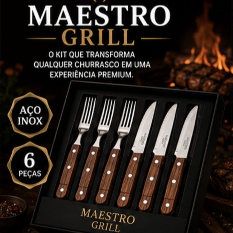 Kit Talheres Churrasco Maestro Grill 6 Peças Aço Inox Cabo Estilo Madeira Premium