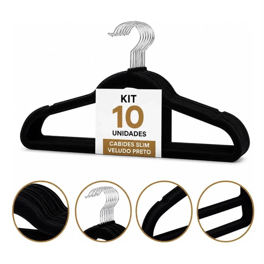 Kit 10 Cabides Slim Veludo Preto Antiderrapante Gancho Cromado Cabide Adulto Organizador de Armário