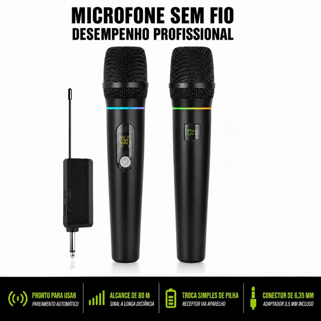 RAYHAYES Microfone Sem Fio Dinâmico com Cancelamento de Ruído e Iluminação LED