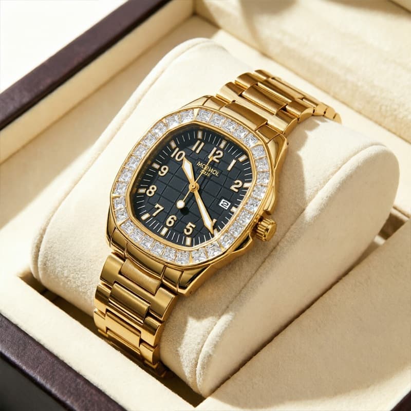 Relógio Masculino Quartzo 2618 Aço Inox 316L Octogonal Zircônia Business Casual Elegante 4 Cores Presente Namorado