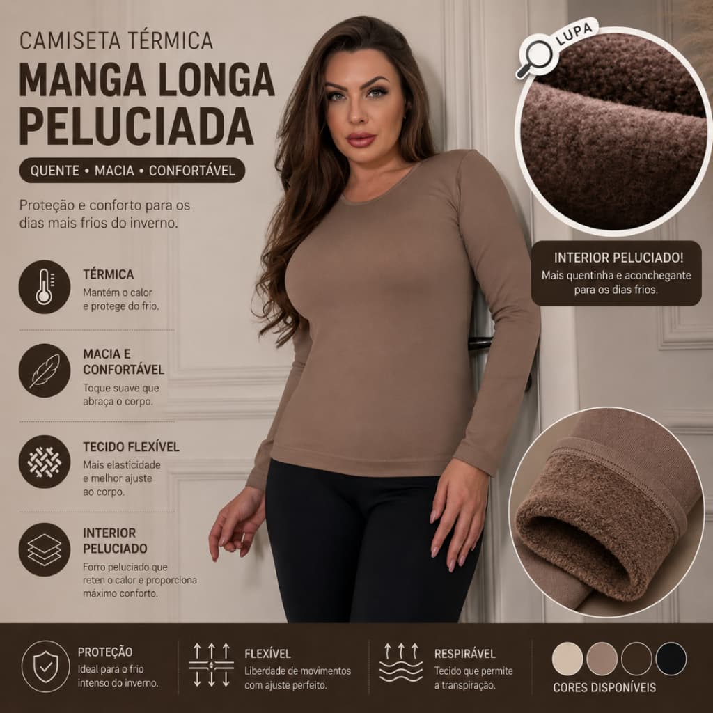 Camiseta Térmica Manga Longa Camiseta Peluciada Forrada Quente Para o Frio Inverno Blusa Feminina