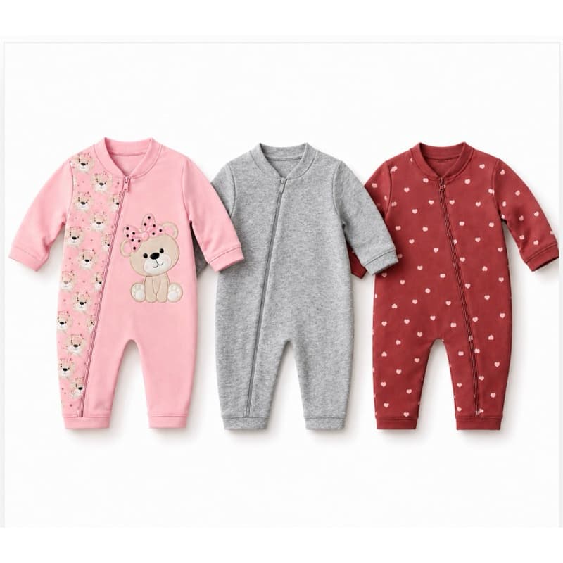 Kit 3 Macacões para Bebê Menina com Zíper Conforto em Algodão