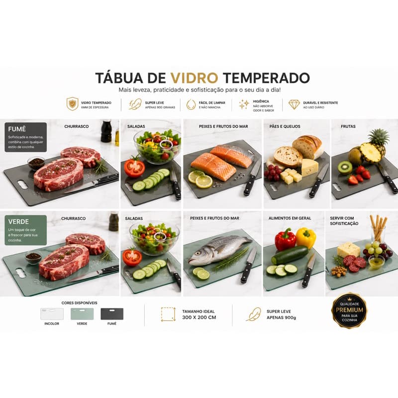Tábua de vidro Temperado para churrasco ,cortes de Legumes,Frutas,Vegetais e alimentos para cortes em geral.Higienico