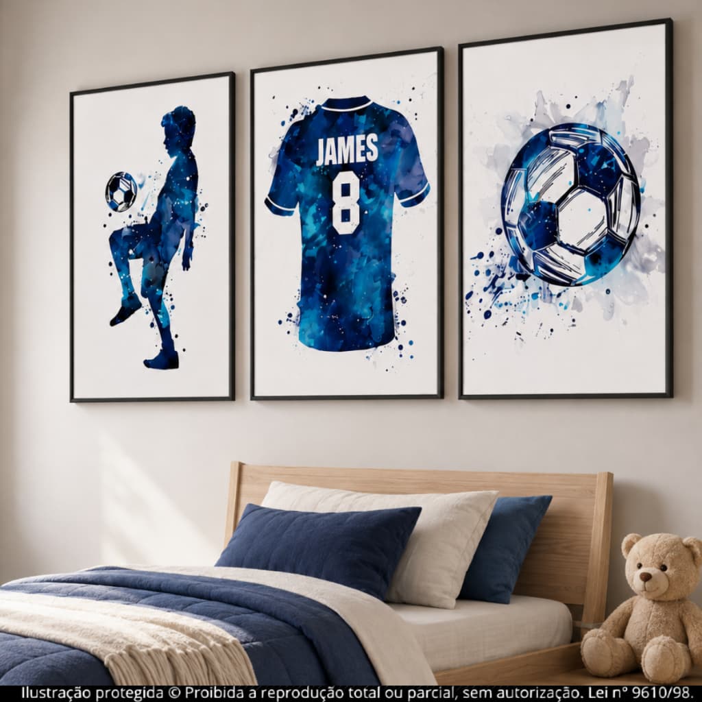 Kit Quadros Decorativos 3 Peças Futebol Infantil Personalizado Nome Número Camisa Bola Quarto